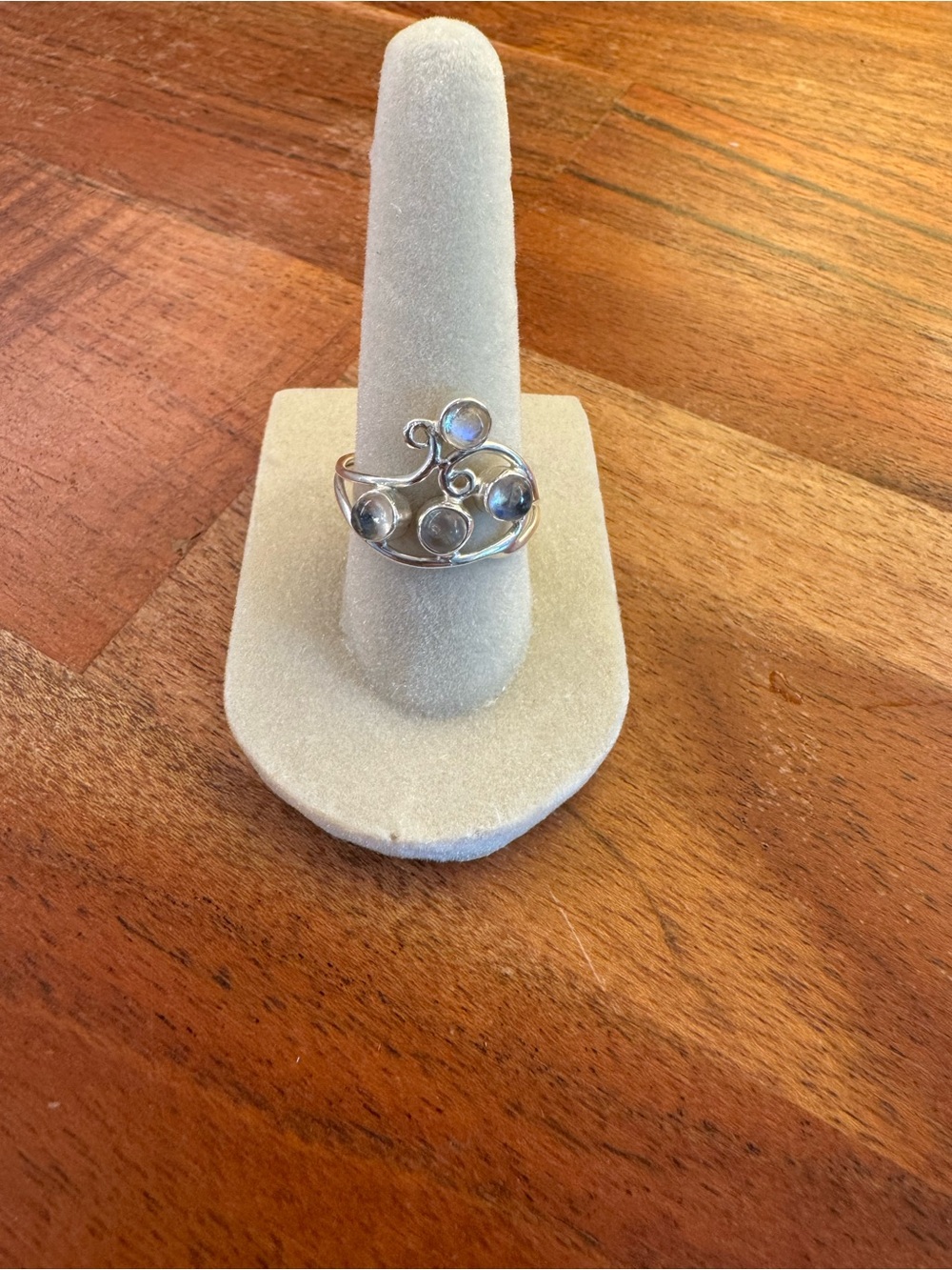 Sterling Silver Swirl Ring with Iridescent Moonstone Accents - Silver